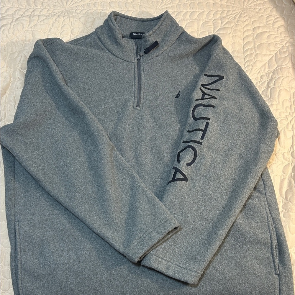 Nautica Men's Heather Gray Zip-Up Sweatshirt with pockets.